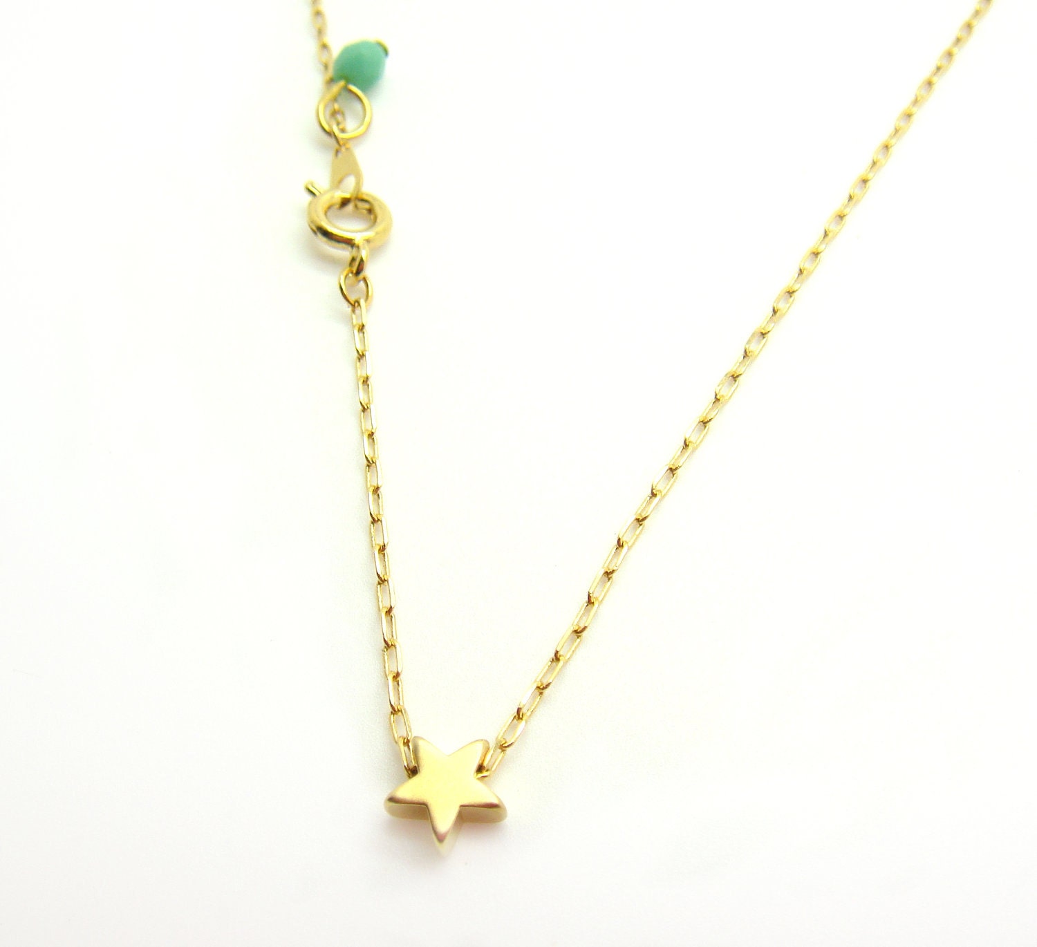 Tiny Star Necklace - Matte 14k Gold Plated Star Charm on Gold Delicate Chain w/ Mint Faceted Bead (also Silver tone available)