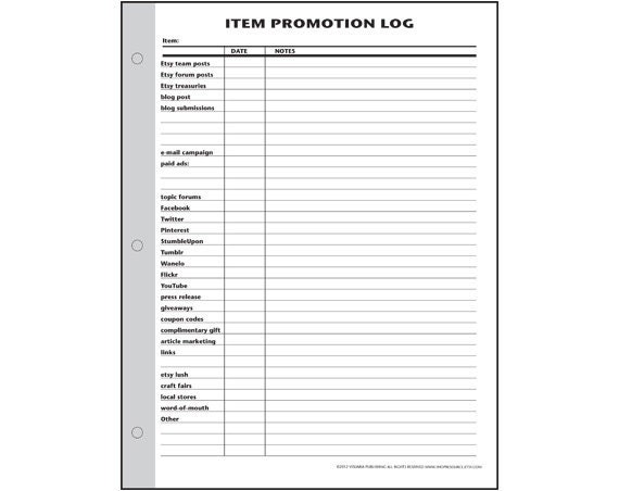Item Promotion Log printable form for Etsy Business
