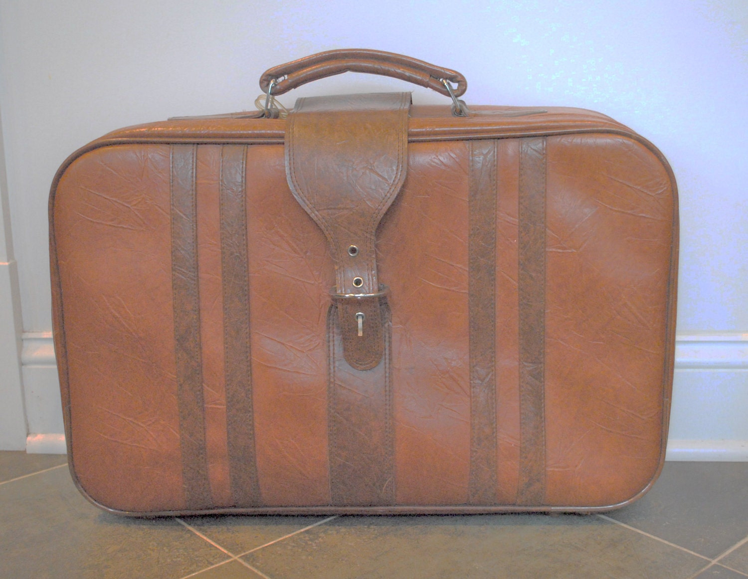 VINTAGE Brown Leather Suitcase Luggage-  KOREA