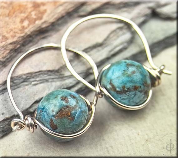 Robin's Egg Blue & Earthy Brown Matrix TURQUOISE on Sterling Silver Endless Hoops