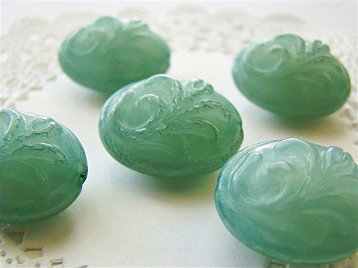 Faux Jade Floral Flourish Carved Oval Beads Large 21 x 18mm Vintage Lucite (2)