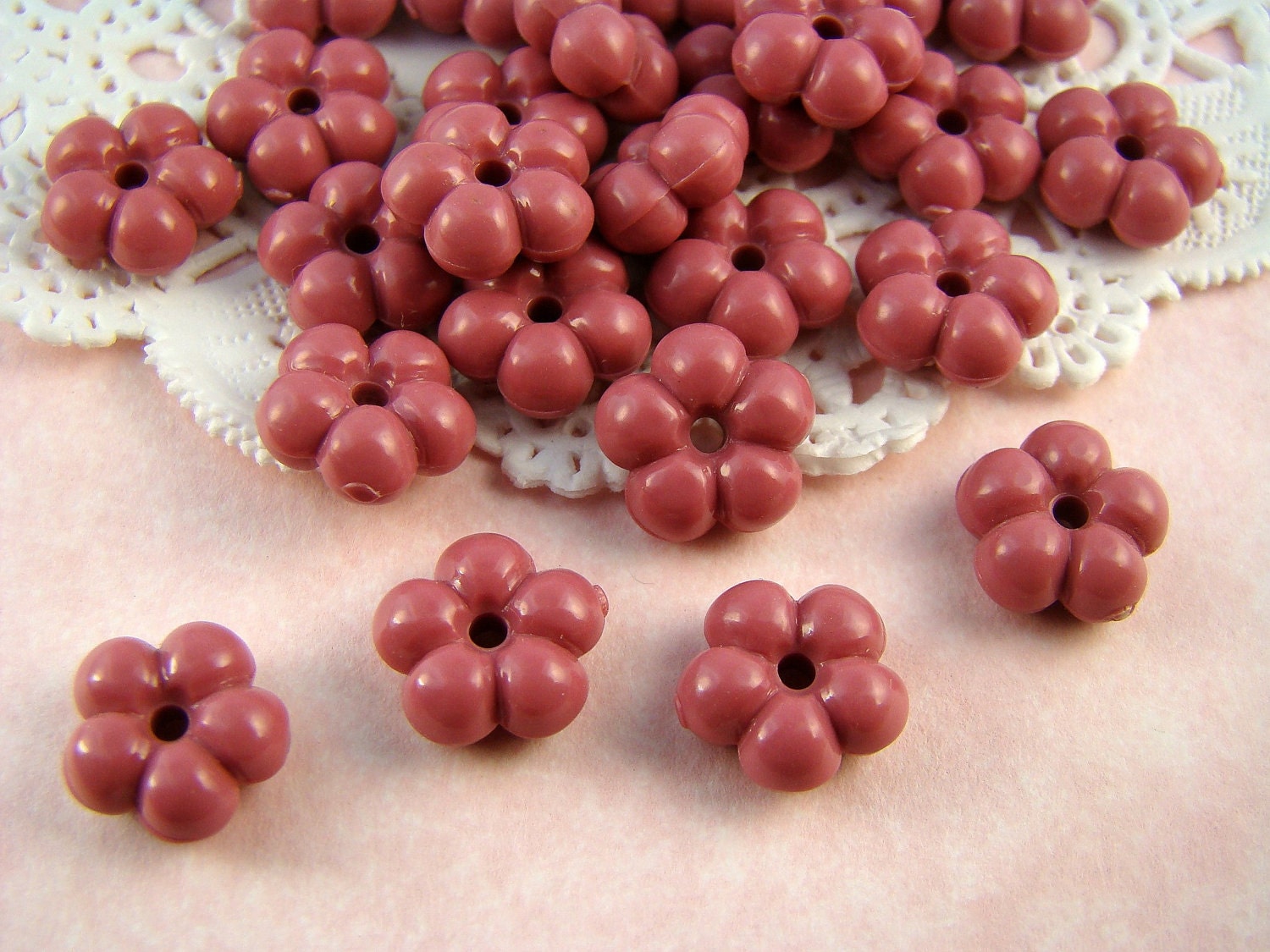 Vintage Dusty Rose Pink Daisy Flower Lucite Spacer Beads 9mm (10)