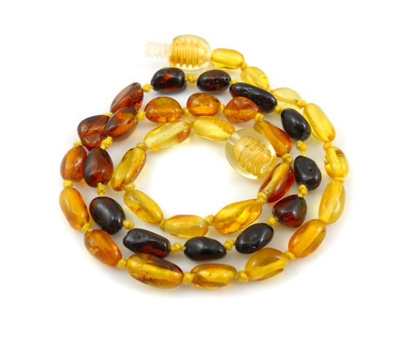 Baltic Amber Baby Teething Necklace. 3 color olive beads - citrine - cognac - cherry