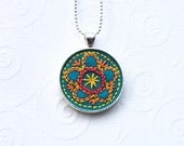 Flower hand stitched pendant, vintage inspired embroidery design
