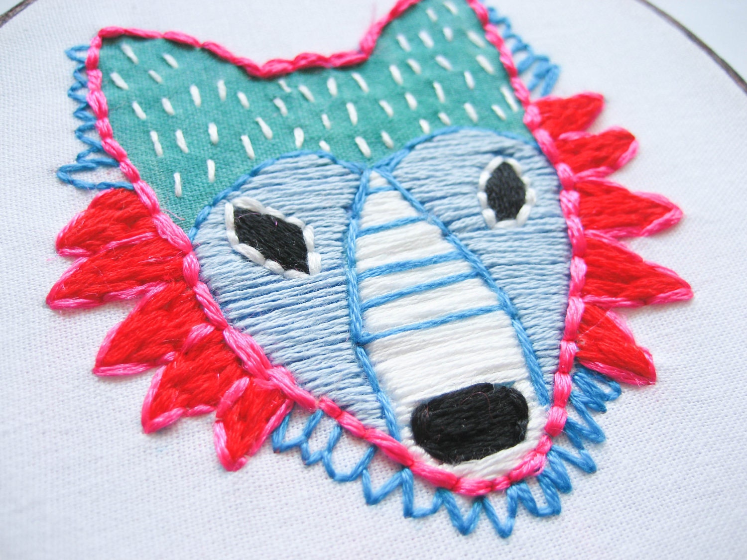 Bright Neon Fox Hand Embroidery Hoop Art : Lotus Flower Fox (with MountRoyalMint) - Woodland Embroidered Home Decor