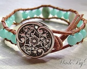 Bracelet Leather Wrap Amazonite OOAK Boho Chic Flower Silver FREE SHIPPING