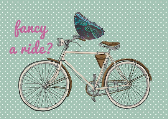 Art Illustration - 8x10 - Fancy a Ride - Butterly photo - green polka dots pattern - pop art - vintage bicycle