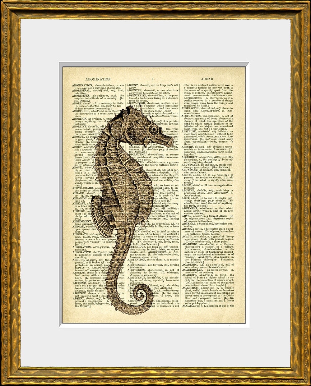 SEAHORSE IN SEPIA recycled book page art print - an upcycled antique dictionary page with a retooled antique ocean illustration - home decor