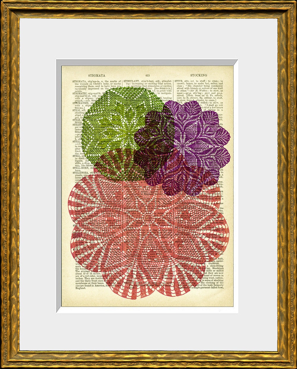 DOILY LOVE 02 recycled book page art print - antique 1800's dictionary page with an original graphic design - home decor - vintage charm