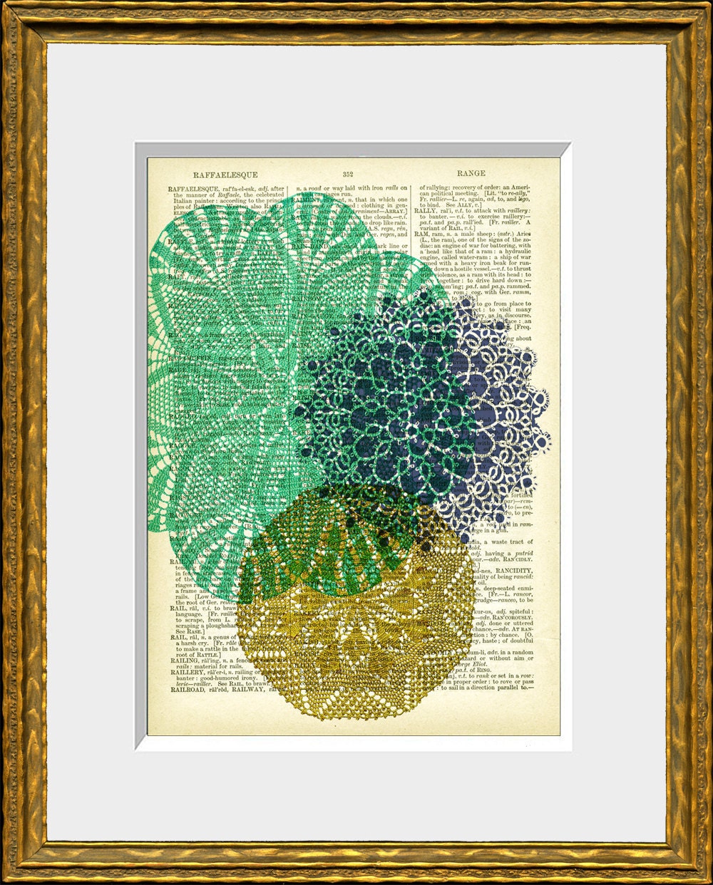 DOILY LOVE 03 recycled book page art print - antique 1800's dictionary page with an original graphic design - home decor - vintage charm