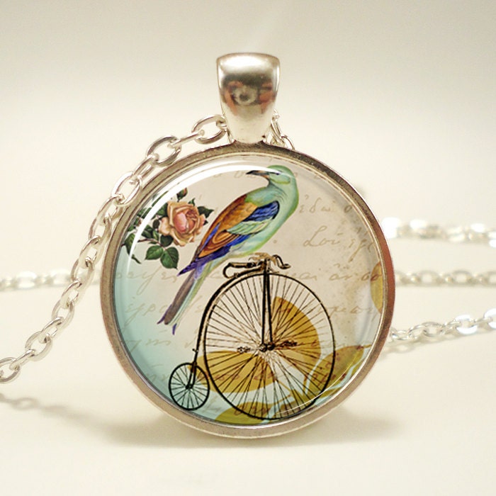 Penny Farthing Bicycle Necklace With Bird, Hipster Vintage Style Bike Pendant, Silver Plate (0510S1IN)
