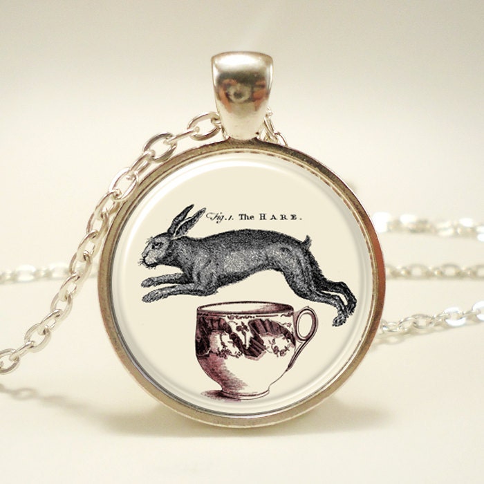 Rabbit Tea Cup Necklace, Hare, Victorian Alice In Wonderland Style Jewelry Pendant (0589S1IN)