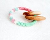 Teething ring Baby teether Green mint pink Pastel color Rattle Crochet teething toy Wooden ring