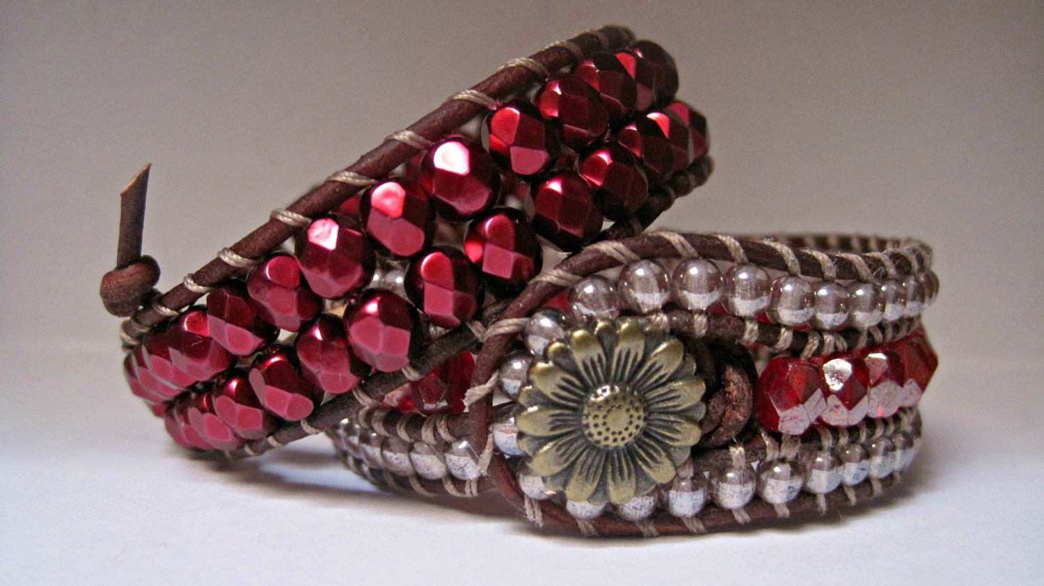 Leather Wrap Bracelet, Beaded crimson sparkle, ruby red, boho chic, single wrap