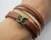 Bracelet-antique bronze owl real leather bracelet,real leather bracelet