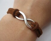 Bracelet-antique silver karma bracelet,Infinity Bracelet&brown Flocking leather cords