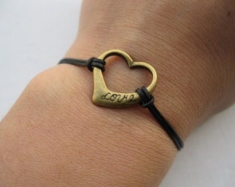 Bracelet-antique bronze heart love bracelet,heart love leather bracelet