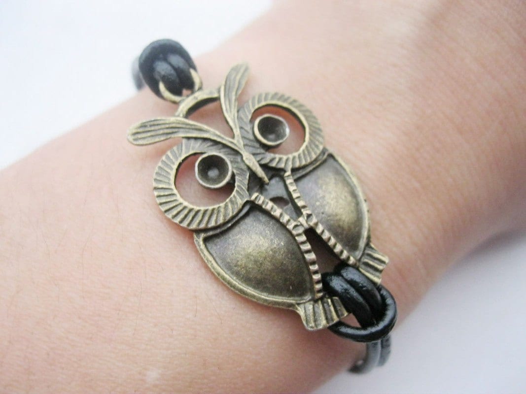 Bracelet-antique bronze owl bracelet,owl real leather bracelet