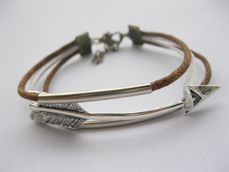 Bracelet-antique silver arrow bracelet,arrow brown wax cords Bracelet,wax cords bracelet