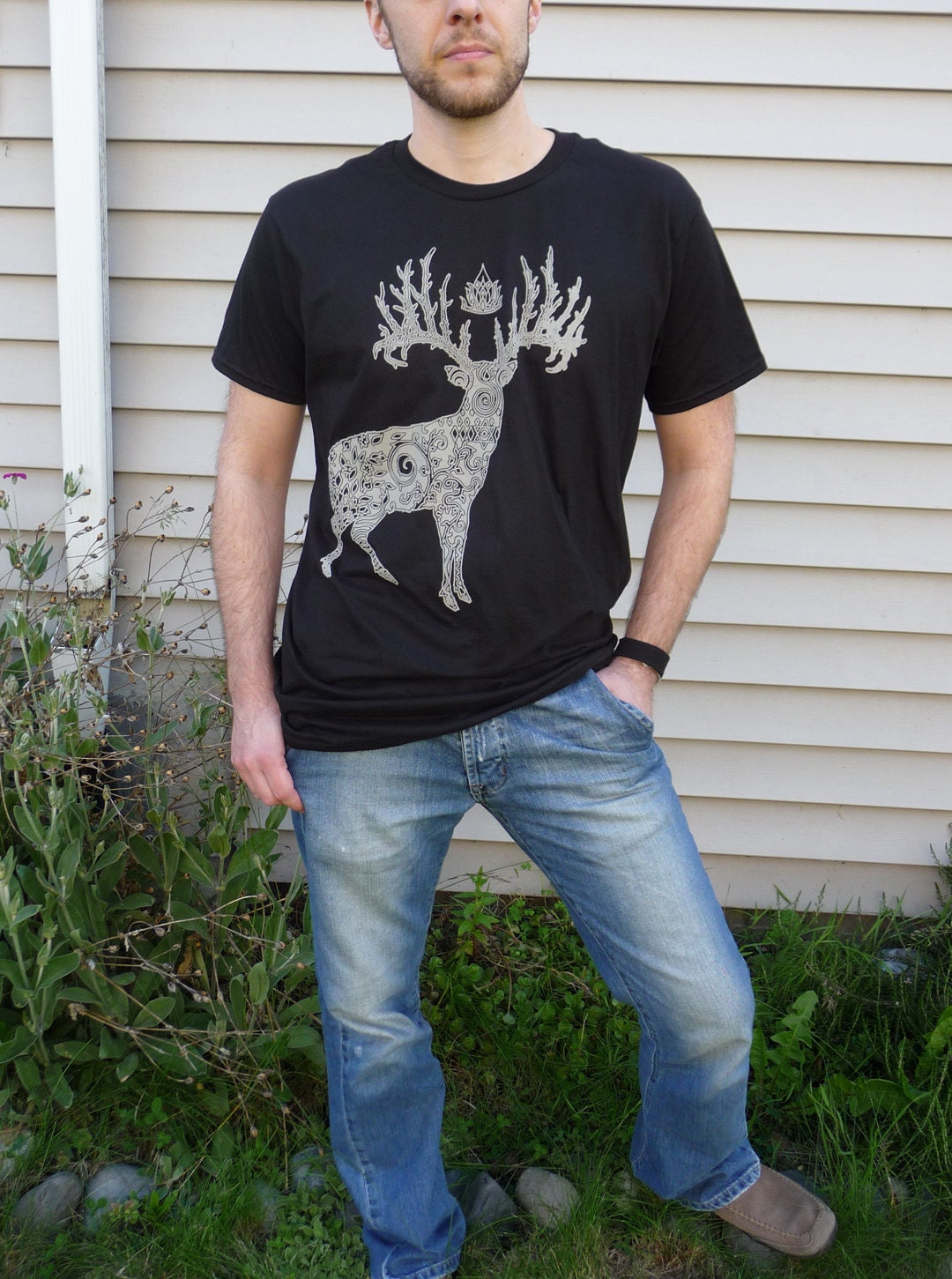 Light Elk Printed in Pale White Brown on a Black Nano Super Soft and Smooth T-shirt S M L XL