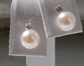 Diamond and 7-7.5mm White Akoya Pearl Sterling Silver Stud Earrings
