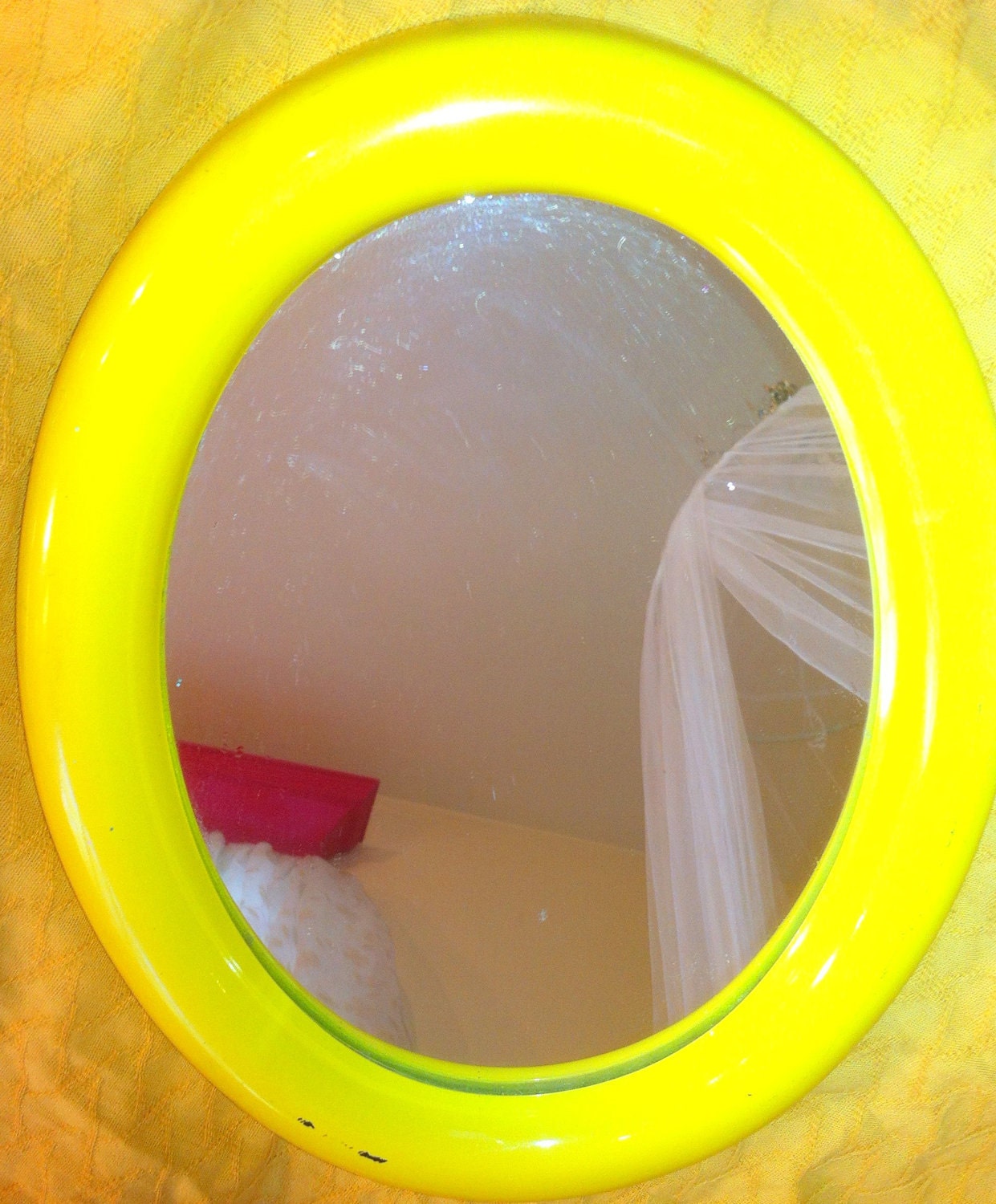 VINTAGE Yellow Oval Mod Plastic Mirror with Cork Back vintage mod 80s 60s mirror plastic yellow