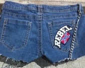 REBEL Blue Jean Shorts hotpants Mid Waisted Shorts Silver Stars Studs Design Sz 28 Rebel patch Stars Side Belt