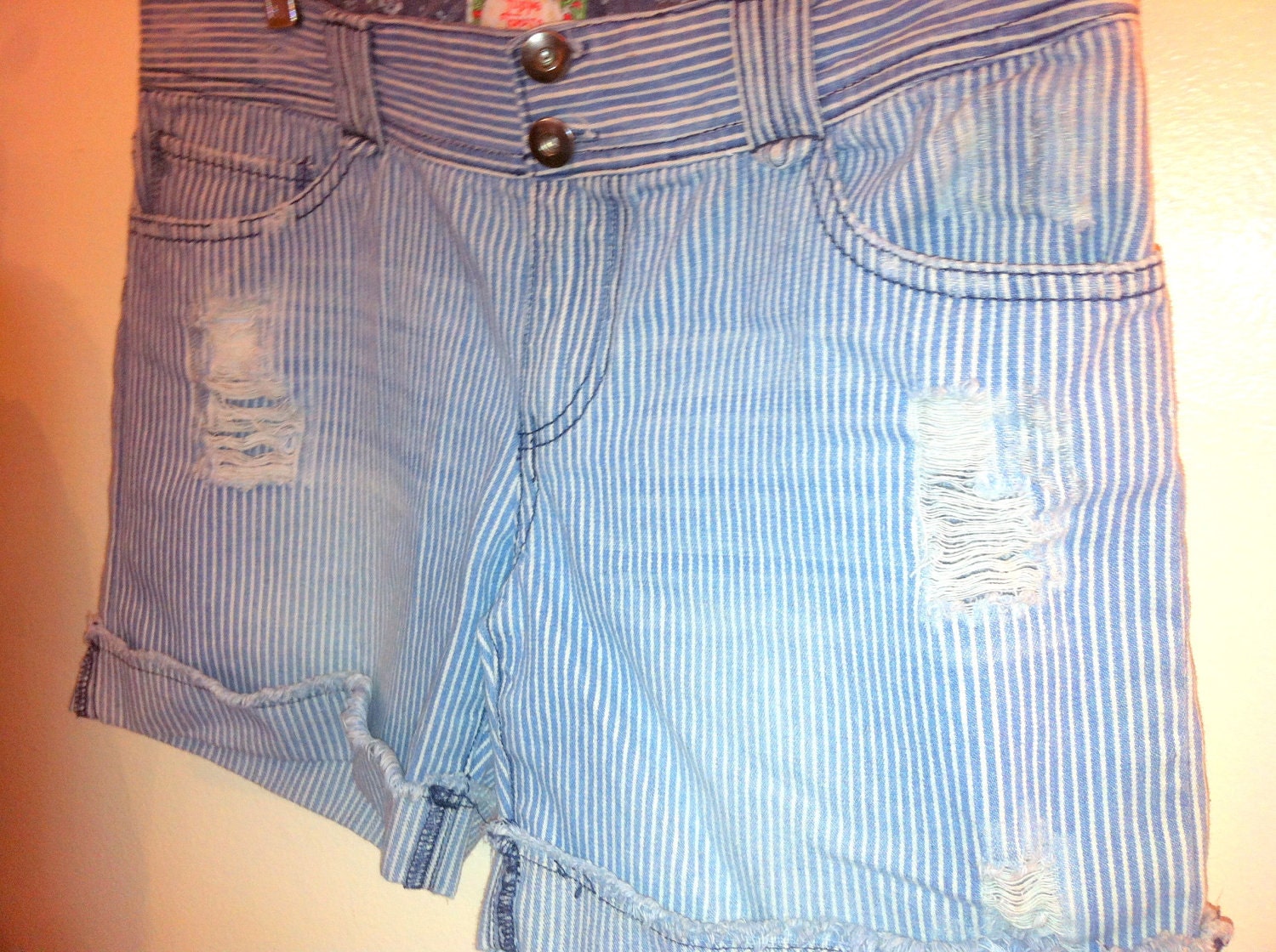 Blue and White Lined Stripes  Distressed Shorts 100 % cotton Blue and White Stripes Distressed Sz. M