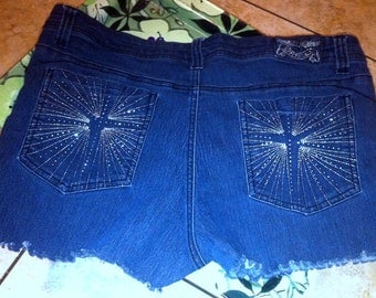 Upcycled Denim Blue Shorts Distressed High Waisted Silver Rhinestones Size Waist 32"