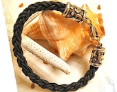 Thick Black Braided Leather Bracelet with Heavy Silver Clasp "FREE SHIPPING"