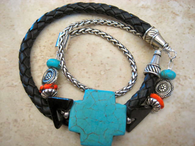 Triple Wrap Boho Black Leather Braided Beaded Bracelet with Silver, Turquoise Coral, Onyx Accents...."FREE SHIPPING"