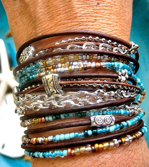 Boho Chic Endless Leather Wrap Beaded Bracelet with Silver Accents...."FREE SHIPPING"