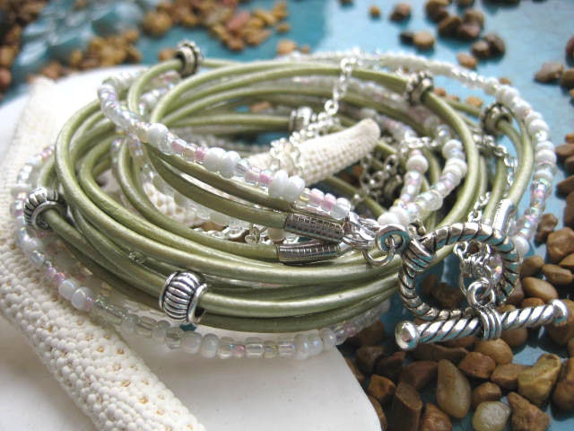 Boho Chic Endless Pale Sage Leather Wrap Beaded Bracelet with Silver Accents...."FREE SHIPPING"