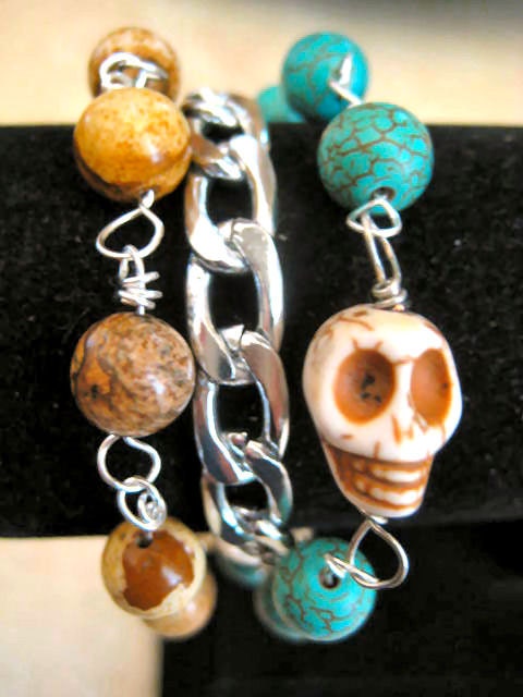 Boho Chic Stacking Chunky Silver Chain Jasper Turquoise Skull Bracelet ...."FREE SHIPPING"