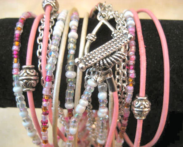 Boho Chic Endless Leather Wrap Beaded Bracelet...Breast Cancer Awareness...."FREE SHIPPING"