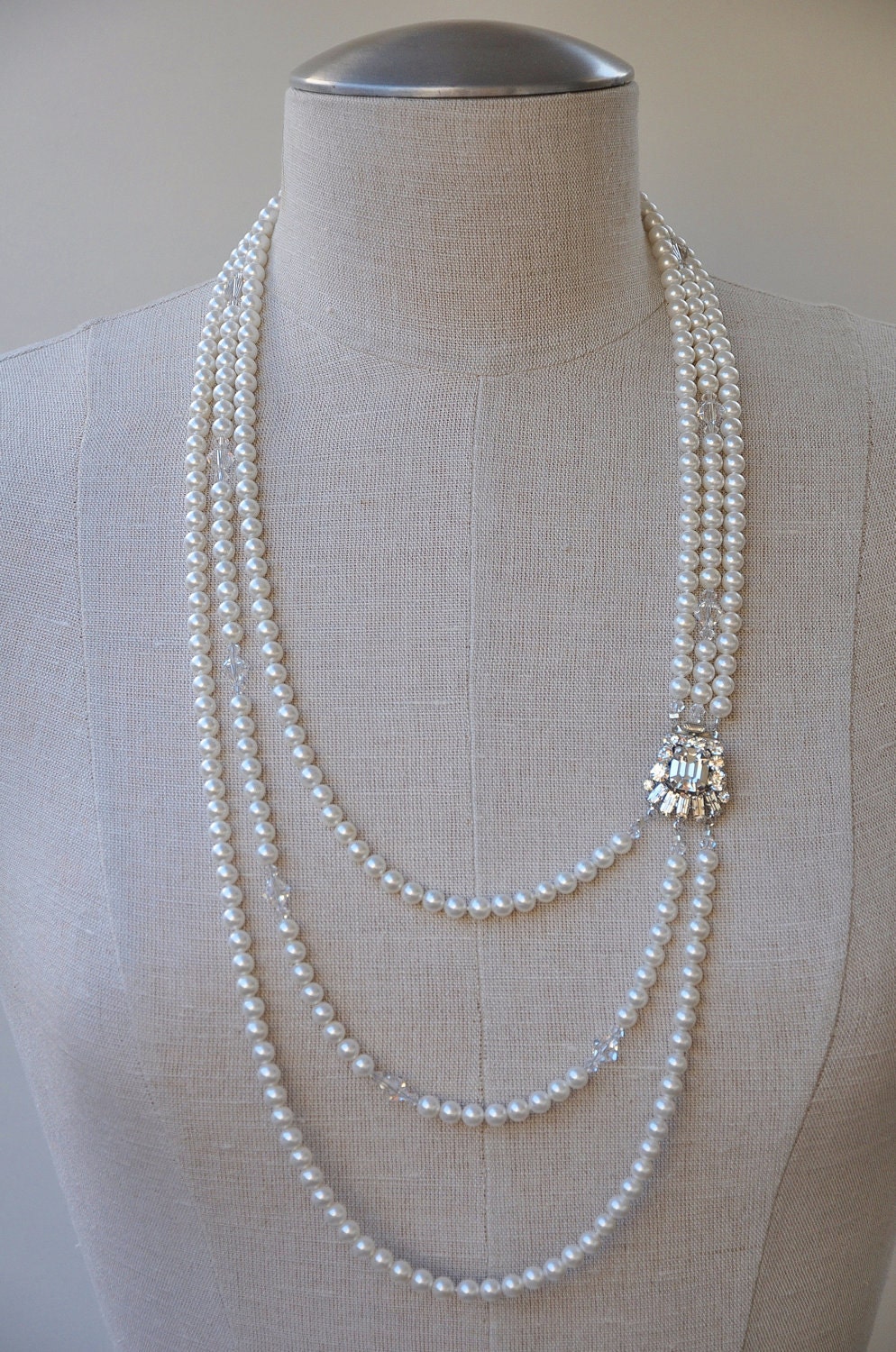 REBECCA Bridal Jewelry-- Swarovski Pearl Necklace Wedding-- Multi-Strand Swarovski Pearl and Swarovski Crystal Necklace