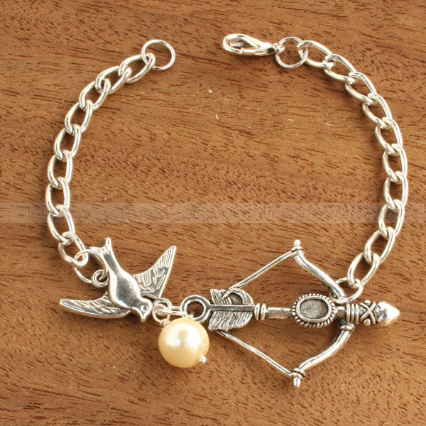 Mockingjay bracelet with Katniss Bow and Peeta Pearl Bracelet inspired by The Hunger Games