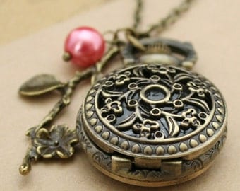 Antique pocket watch flower necklace bronze pendant with flower charm and glass pearl charm