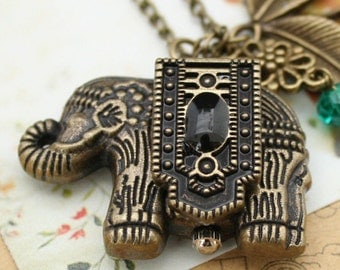 Vintage pocket watch necklace with antique bronze elephant pendant,lovely leaves charm and crystal charm