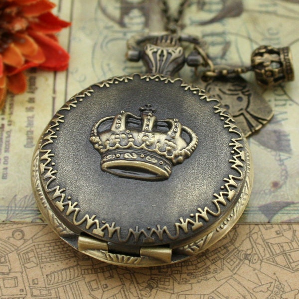 Antique pocket watch necklace bronze crown design pendant with crown charm and lovely girl charm