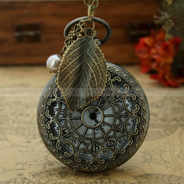 Vintage pocket watch necklace with antique bronze heart zodiac and leaf charm