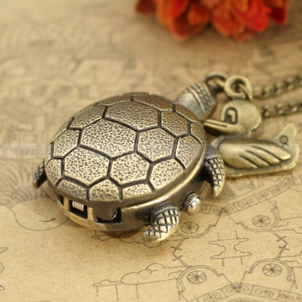 Vintage turtle pocket watch necklace with duck pendant