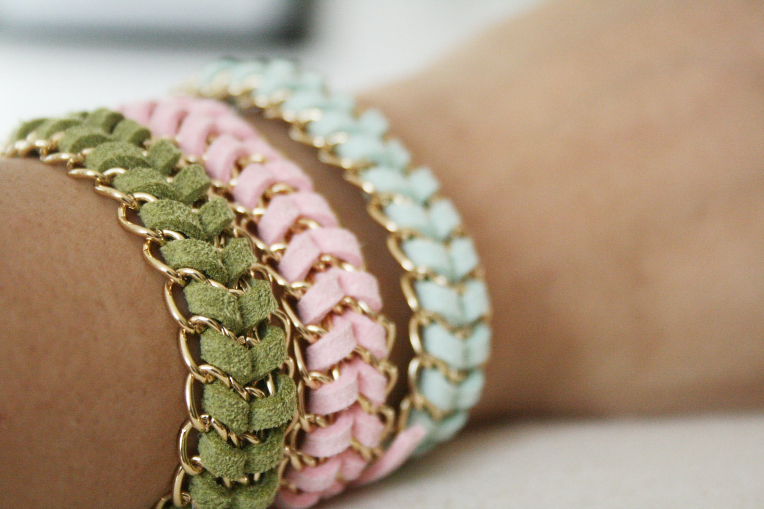 Chevron braided suede bracelets in gold or silver chain.