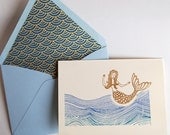 Mermaid Note Card. Gold and Royal Blue Turquoise Ocean & Mermaid Embossed Card with Hand Lined Envelope