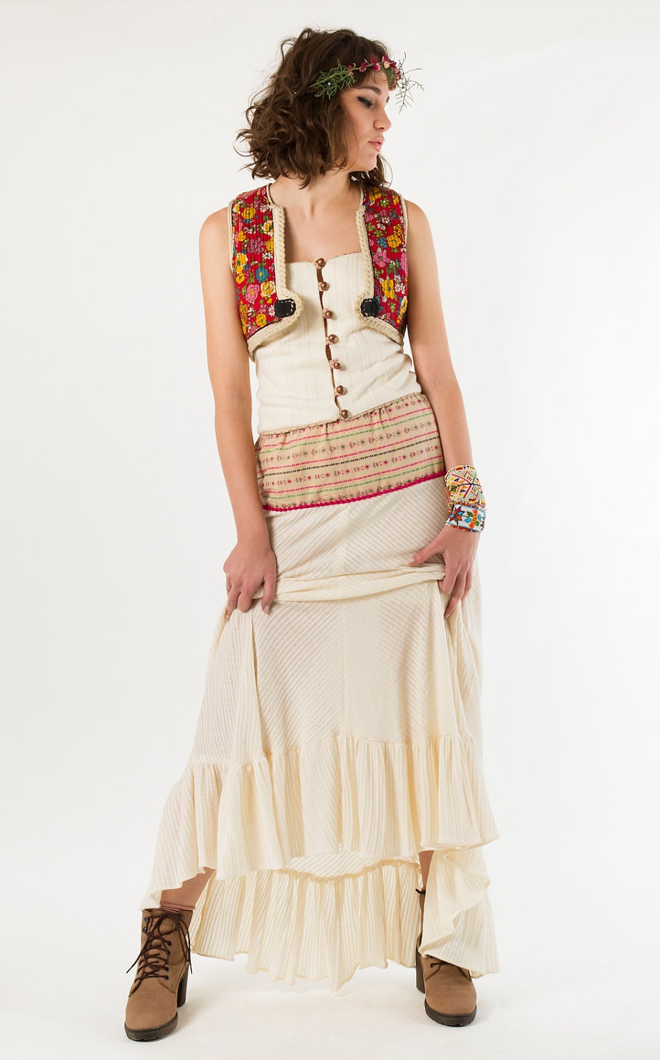 Maxi Skirt with Indian Cotton Vintage Sari Top, Tiered maxi skirt, One-of-a-kind
