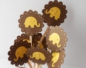 Elephant Cupcake Toppers Yellow and Brown  --Qty 12--Baby Shower--Birthday Party - sunshowerstuff