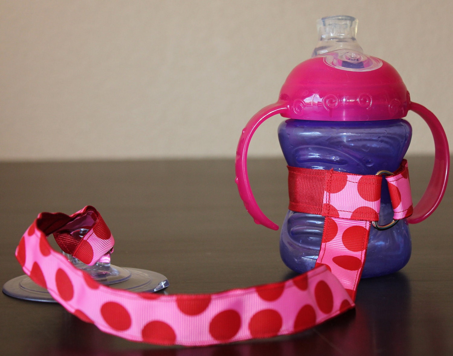 Bottle Tether, Toy Tether, Sippy Strap with Suction Cup- Pink with Red Dots