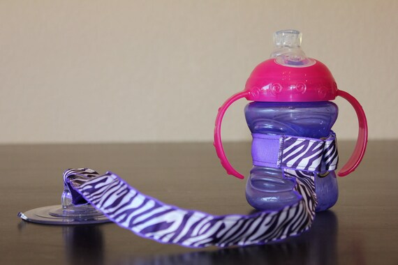 Bottle Tether, Toy Tether, Sippy Strap with Suction Cup- Purple & White Zebra
