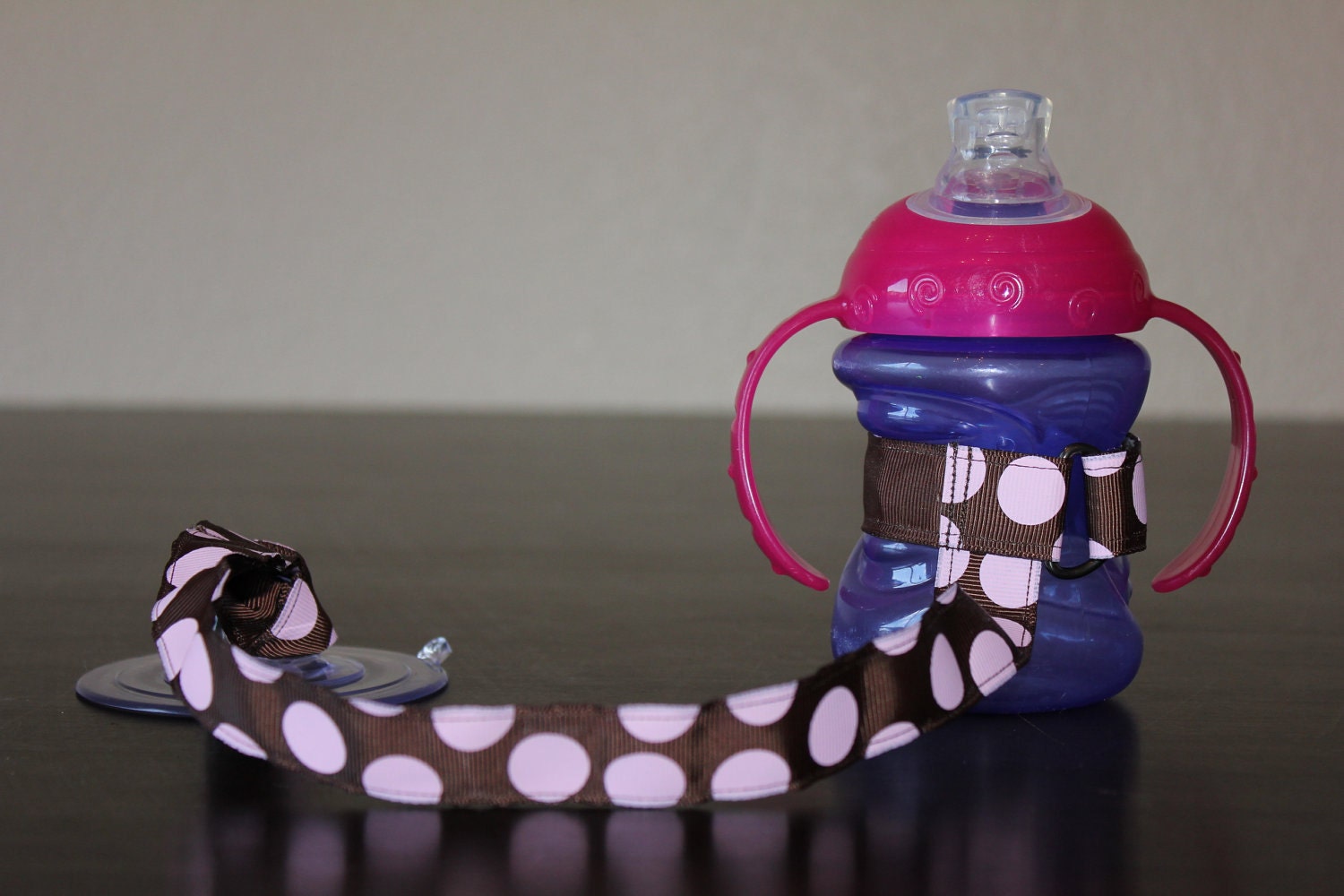 Bottle Tether, Toy Tether, Sippy Strap with Suction Cup-Pink Polka Dots