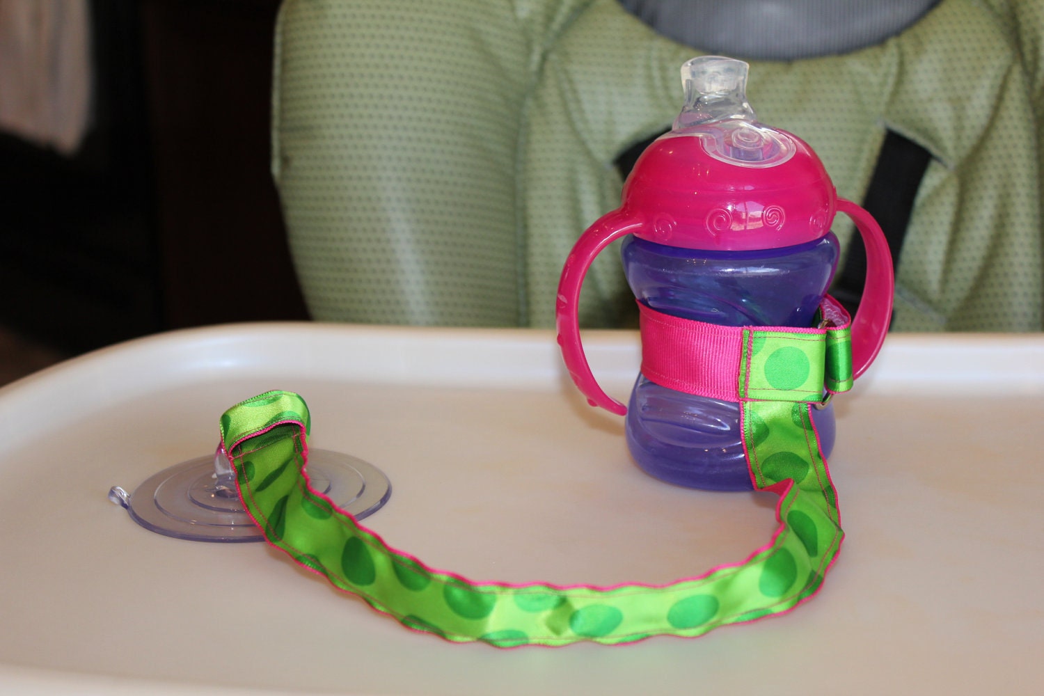 Bottle Tether, Toy Tether, Sippy Strap with Suction Cup-Preppy Pink & Green Polka Dots